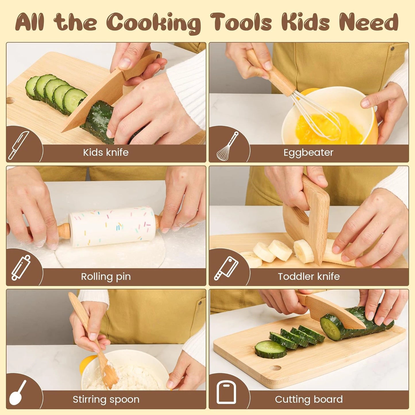 Kit Cuisine Montessori en Bambou - Ustensiles Sécurisés pour Apprendre à Cuisiner